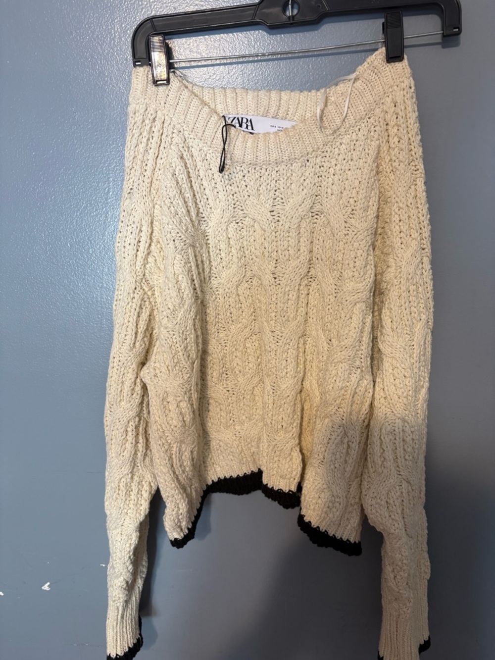 Zara Cream Cable Knit Sweater with Black Hem Trim